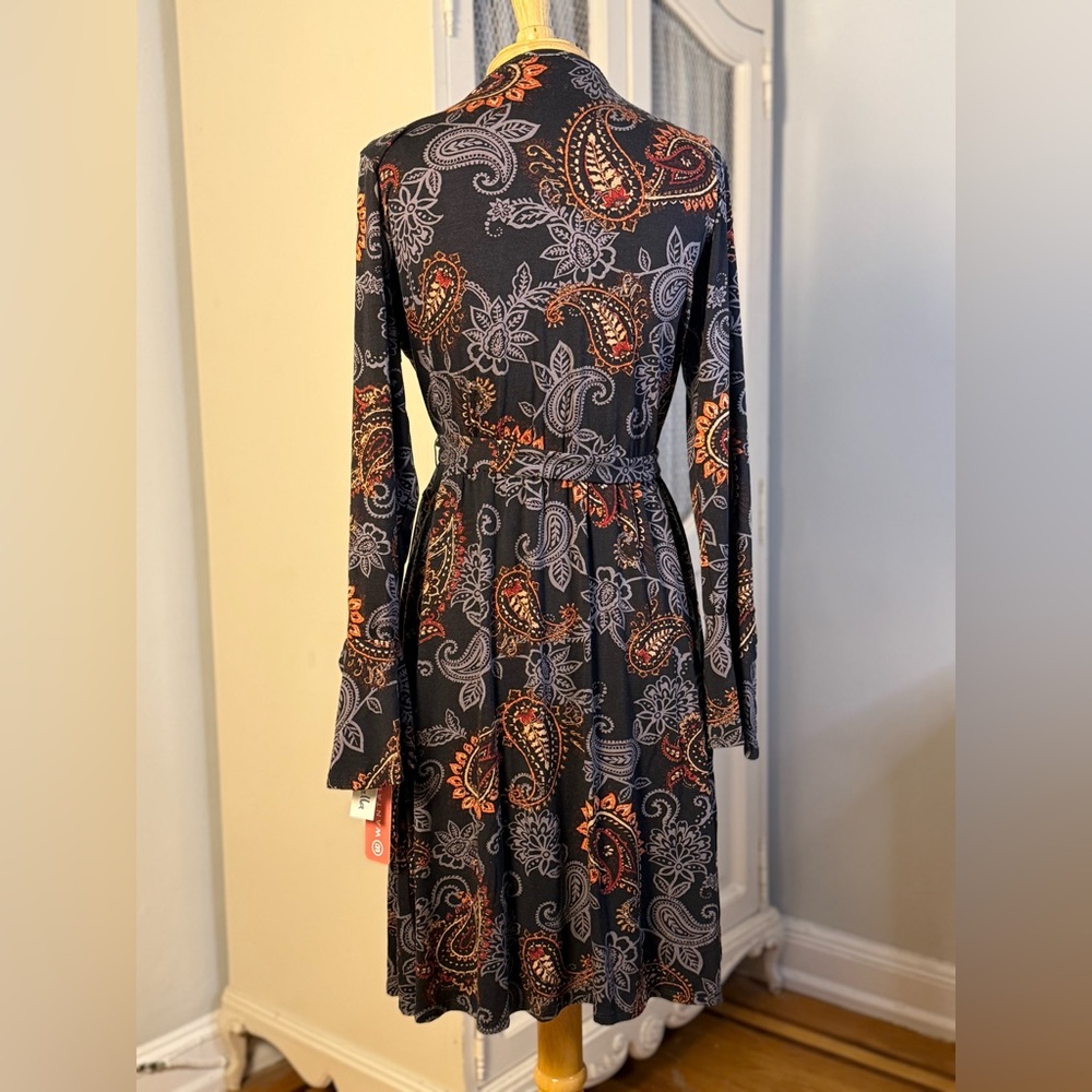 Loveappella Black Boho Paisley Long Sleeve Faux Wrap Dress Women’s Size Large - Picture 8 of 11